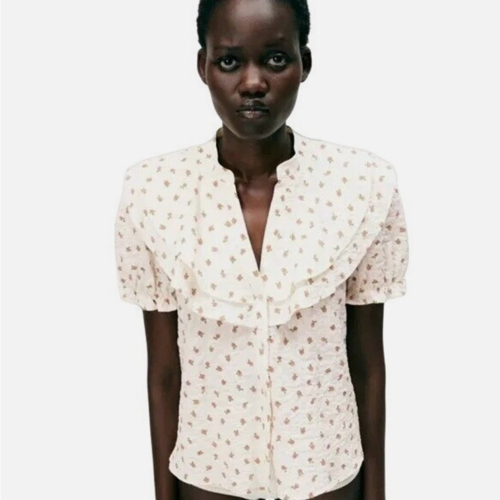Zara Cream Red Prairie Floral Layered Collar Short Sleeve Button Blouse Size s
